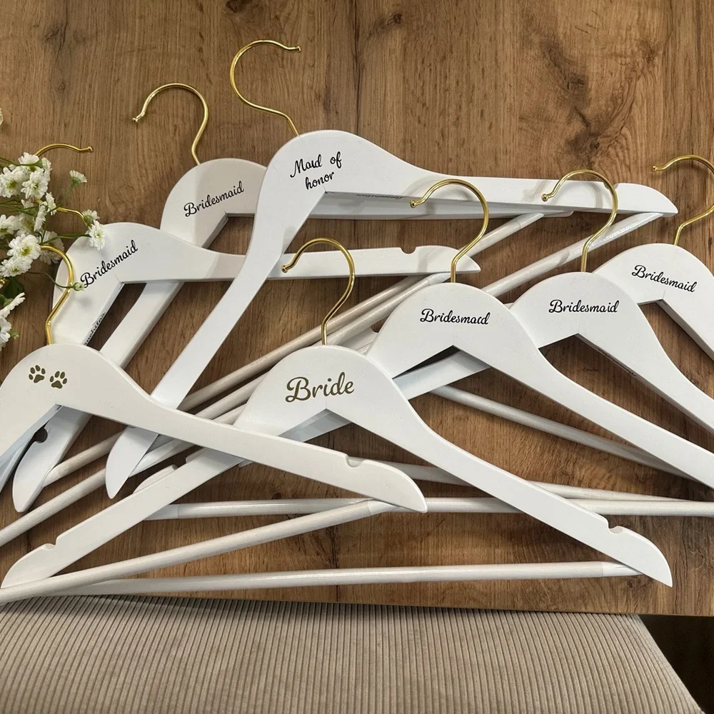 White Bridesmaids, Bride, and Fur Baby Hangers with Gold Hooks